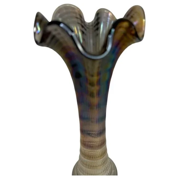 Vintage Imperial Ribbed Carnival Glass Swung Vase Iridescent Brown Purple Clear - Picture 2 of 11